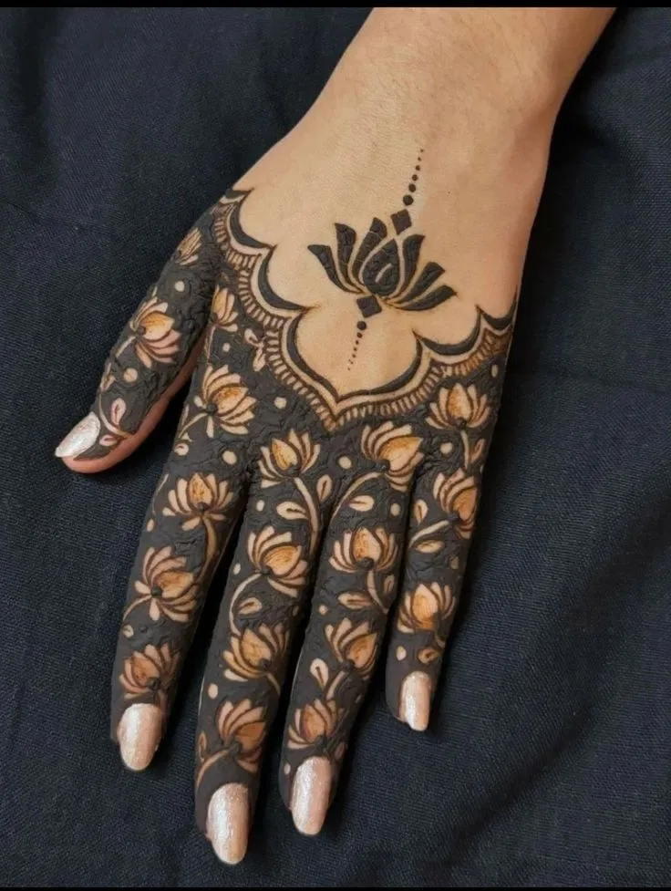 Aesthetic Minimal Back Hand Mehndi Design with Lotus (4)