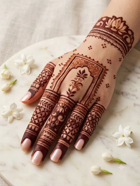 aesthetic minimal circle back hand mehndi design