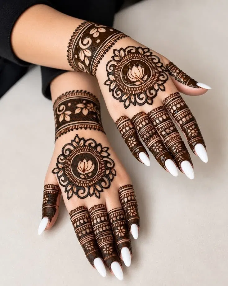 Aesthetic Bridal Back Hand Mehndi Design with Gol Tikki and Lotus (5)