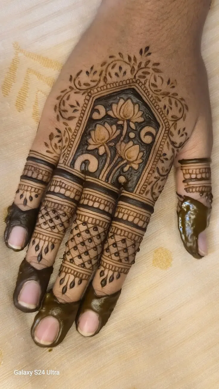 Aesthetic Indian Back Hand Mehndi Design with Lotus (4)