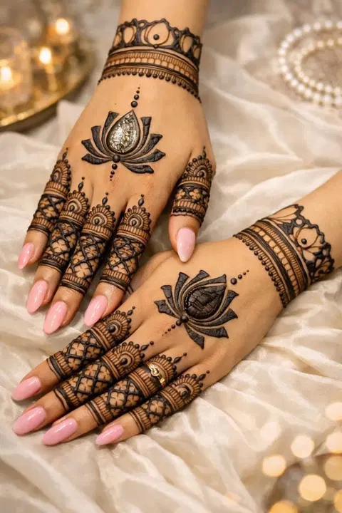 aesthetic bridal lotus back hand mehndi design