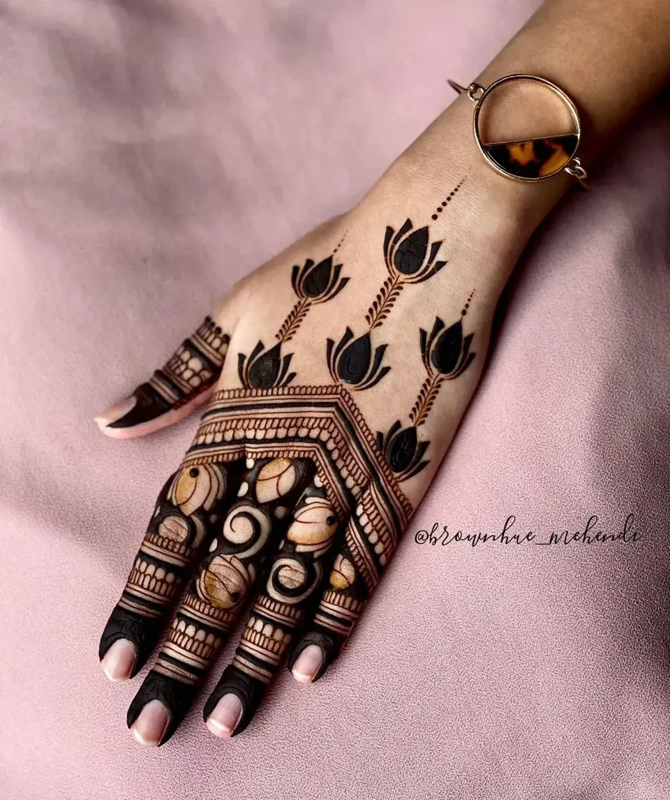 Aesthetic Minimal Back Hand Mehndi Design with Flowers and Lotus (3)