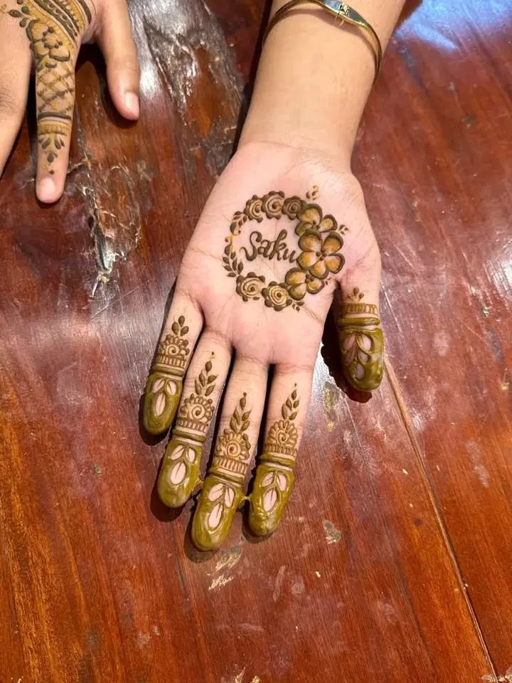 Simple Stylish Back Hand Mehndi Design with Flowers and Hidden Name for Eid