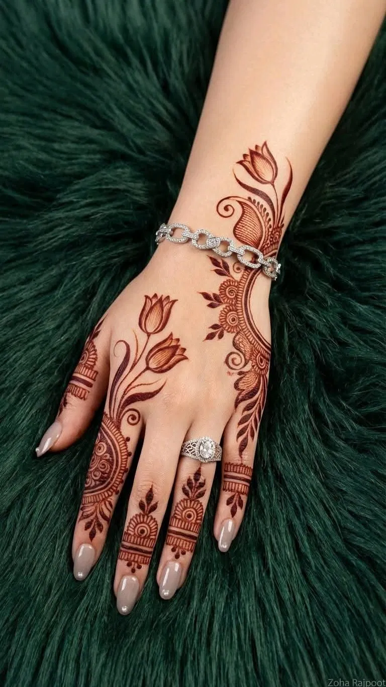 Aesthetic Arabic Finger Mehndi Design with Bel, Gol Tikki and Figures for Diwali