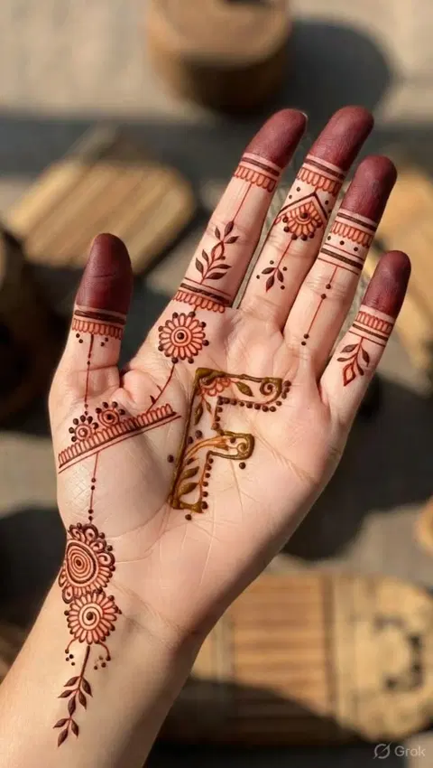simple stylish name finger mehndi design