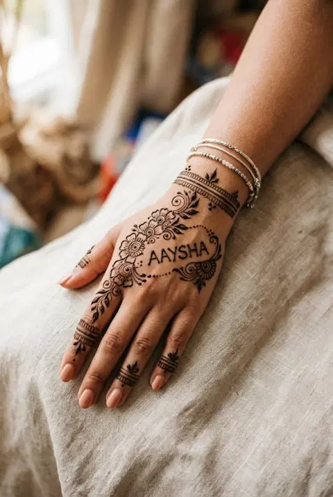 aesthetic bridal name finger mehndi design
