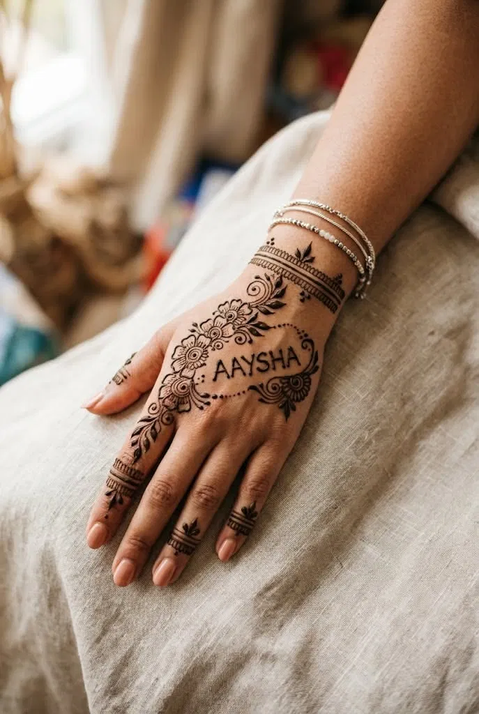 Aesthetic Bridal Finger Mehndi Design with Hidden Name