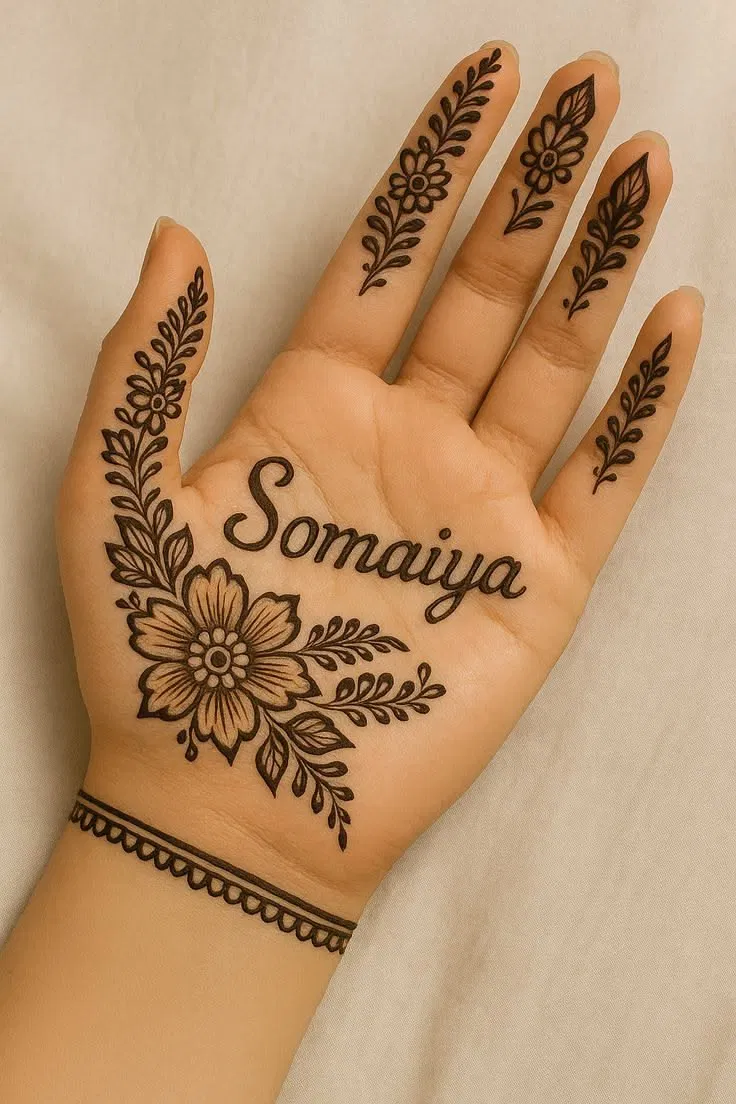 Arabic Minimal Front Hand Mehndi Design with Flowers and Hidden Name