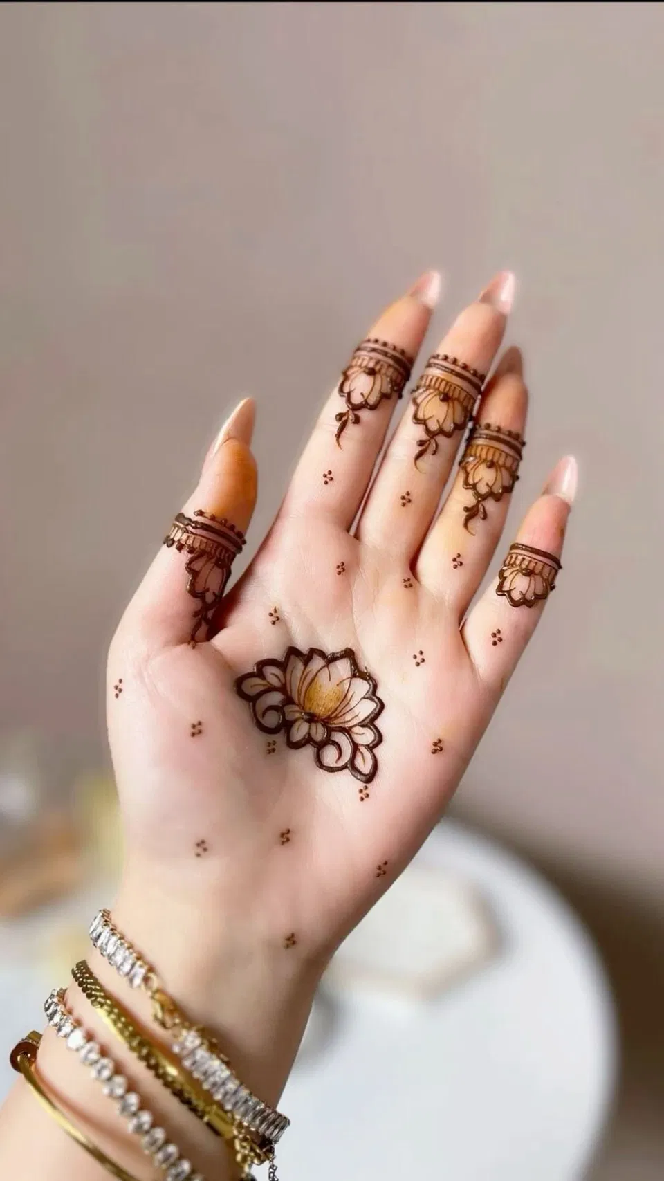 Aesthetic Bridal Finger Mehndi Design with Deity, Flowers and Lotus for Diwali