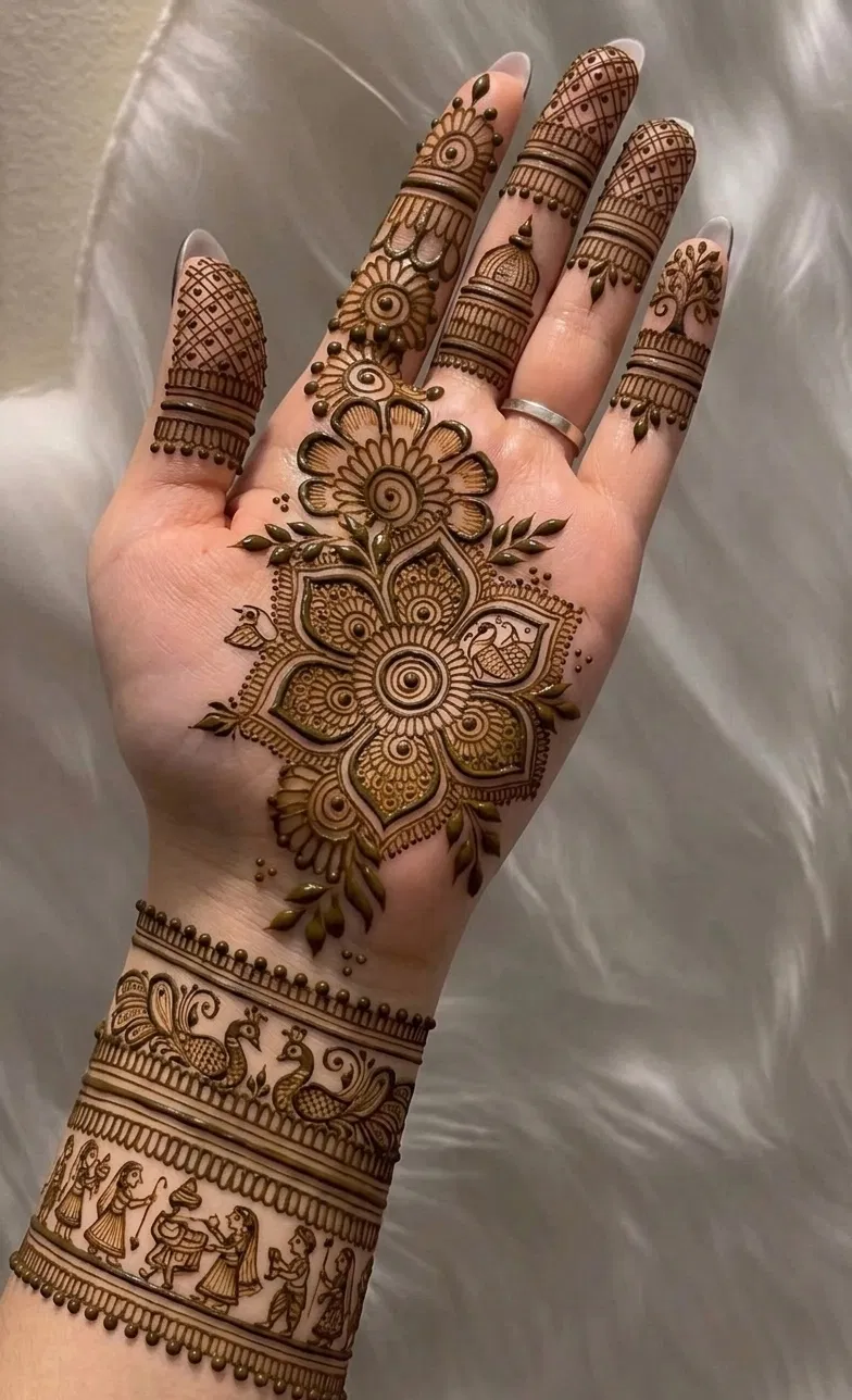 Arabic Pakistani Front Hand Mehndi Design with Bel and Flowers