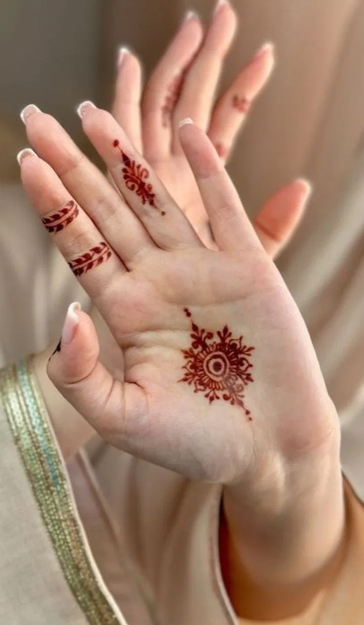 Indian Minimal Finger Mehndi Design with Gol Tikki and Flowers