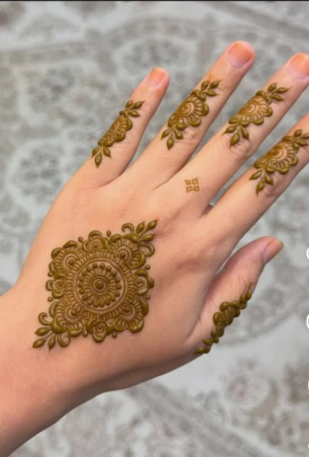 Aesthetic Minimal Back Hand Mehndi Design with Bel and Gol Tikki