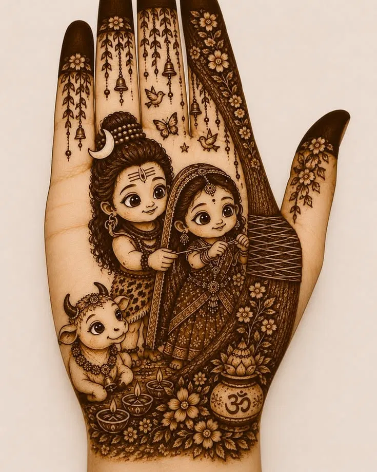 Bridal Front Hand Mehndi Design with Deity and Figures for Sawan (2)