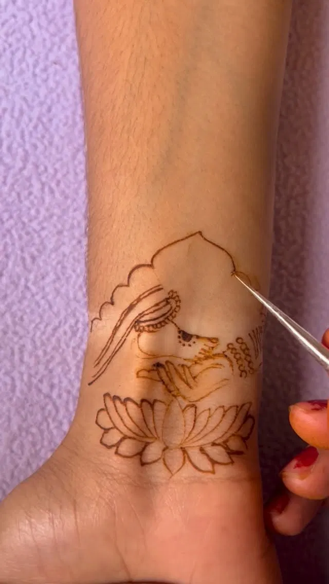 Arabic Bridal Finger Mehndi Design with Deity and Flowers