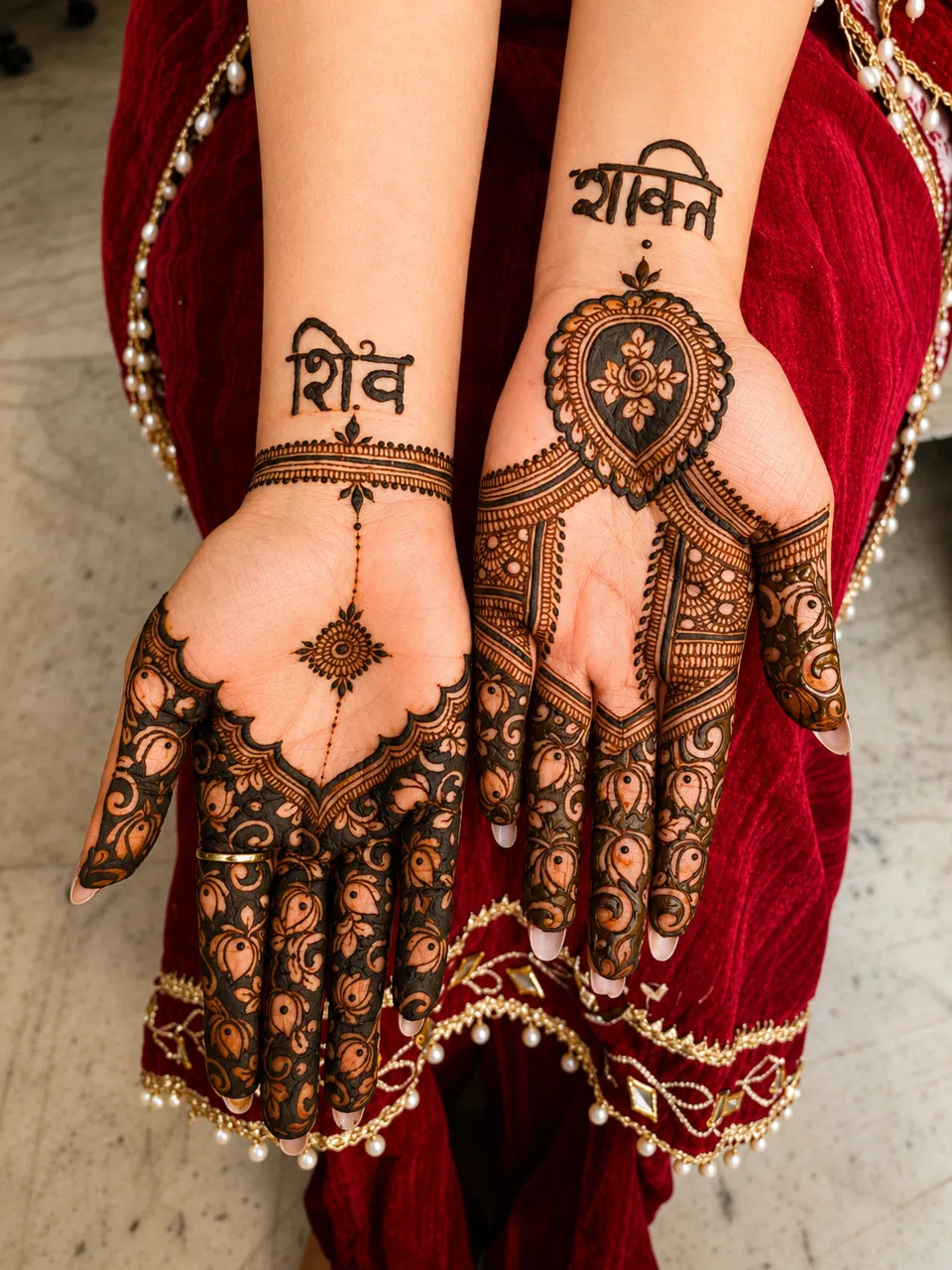 Bridal Stylish Finger Mehndi Design with Deity and Figures
