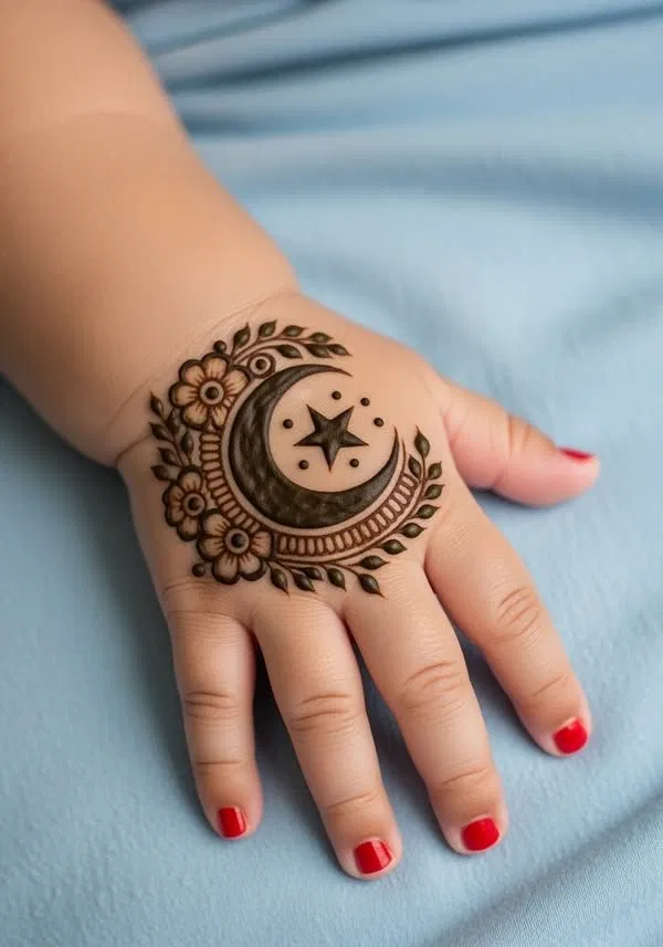 Simple Back Hand Mehndi Design with Gol Tikki and Moon