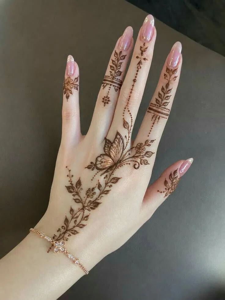 Aesthetic Arabic Back Hand Mehndi Design with Bel, Butterfly and Flowers for Eid