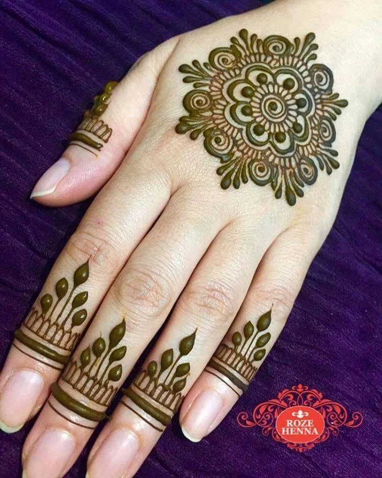 Simple Back Hand Mehndi Design with Gol Tikki and Lotus (3)