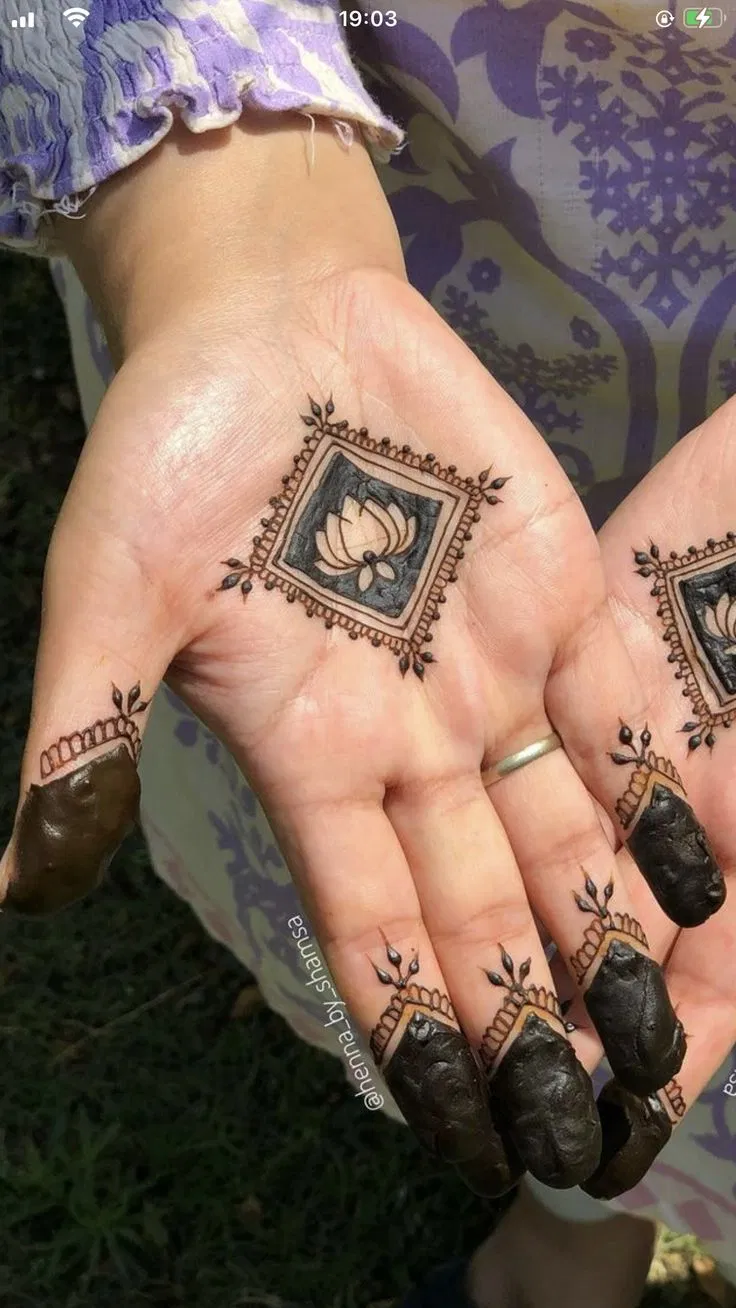 Aesthetic Minimal Front Hand Mehndi Design with Lotus for Karwa Chauth