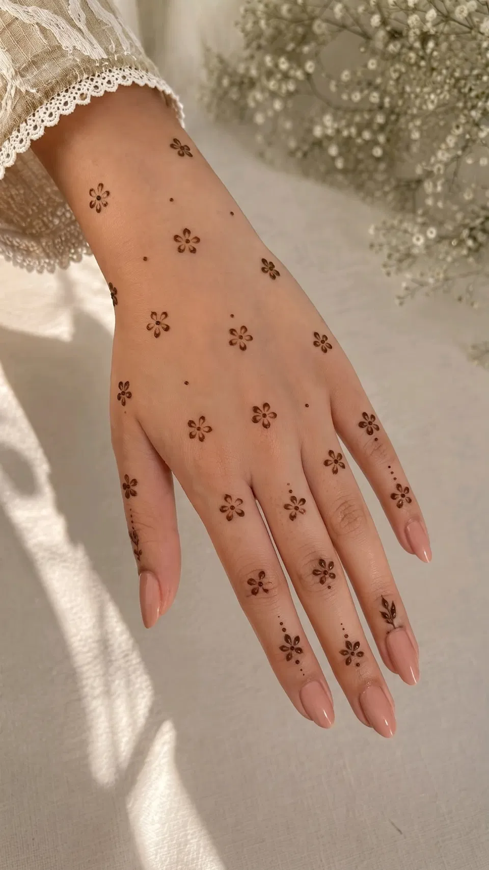 Aesthetic Minimal Back Hand Mehndi Design with Flowers
