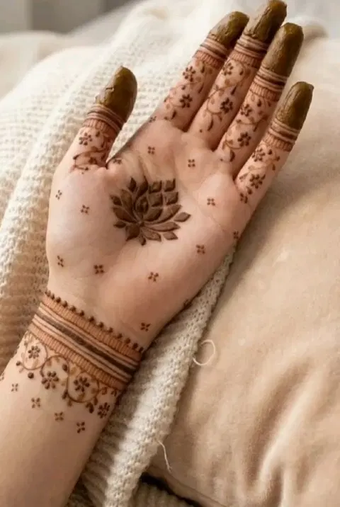 aesthetic minimal lotus front hand mehndi design
