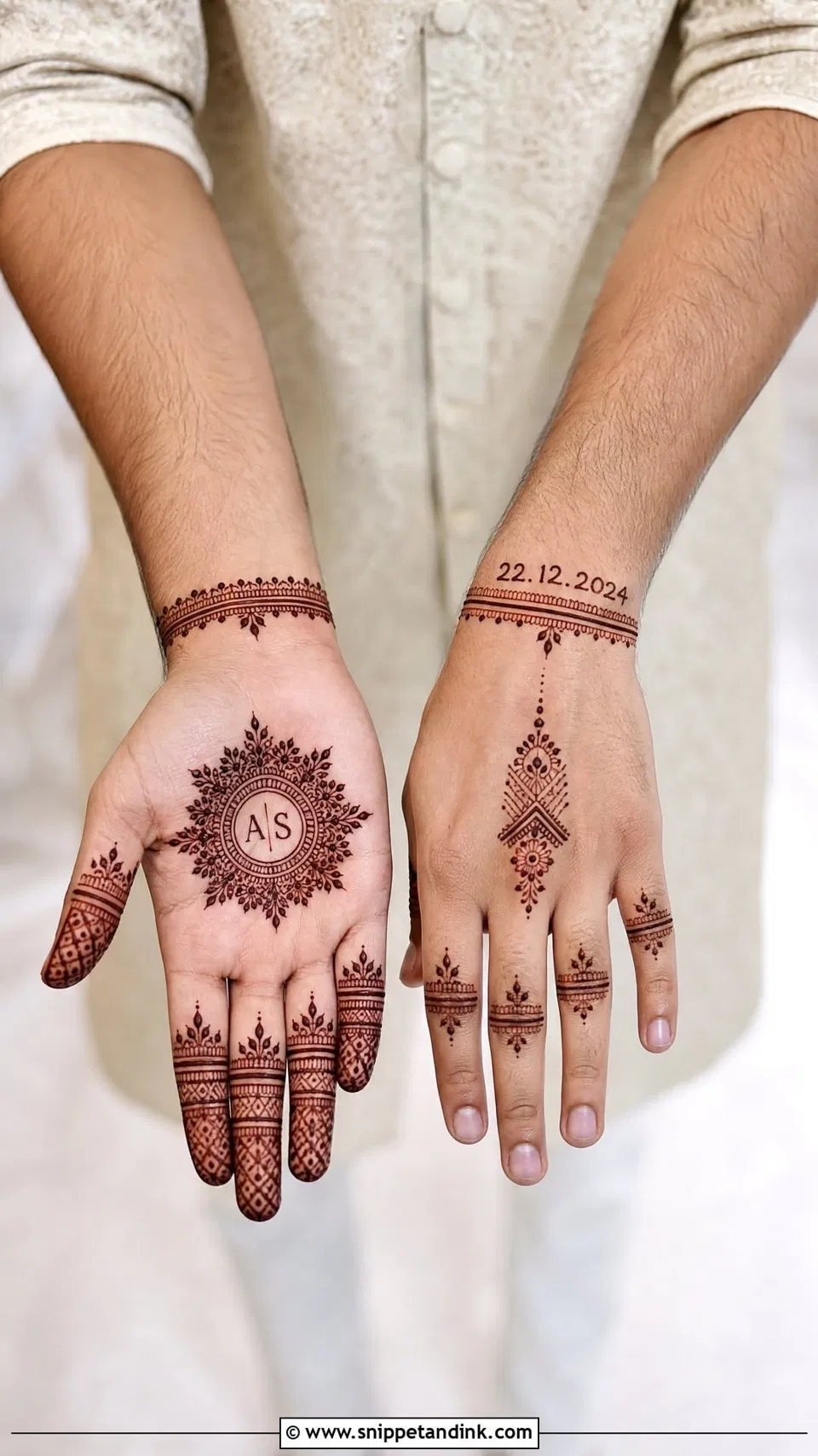 Arabic Bridal Back Hand Mehndi Design with Deity, Figures and Peacock