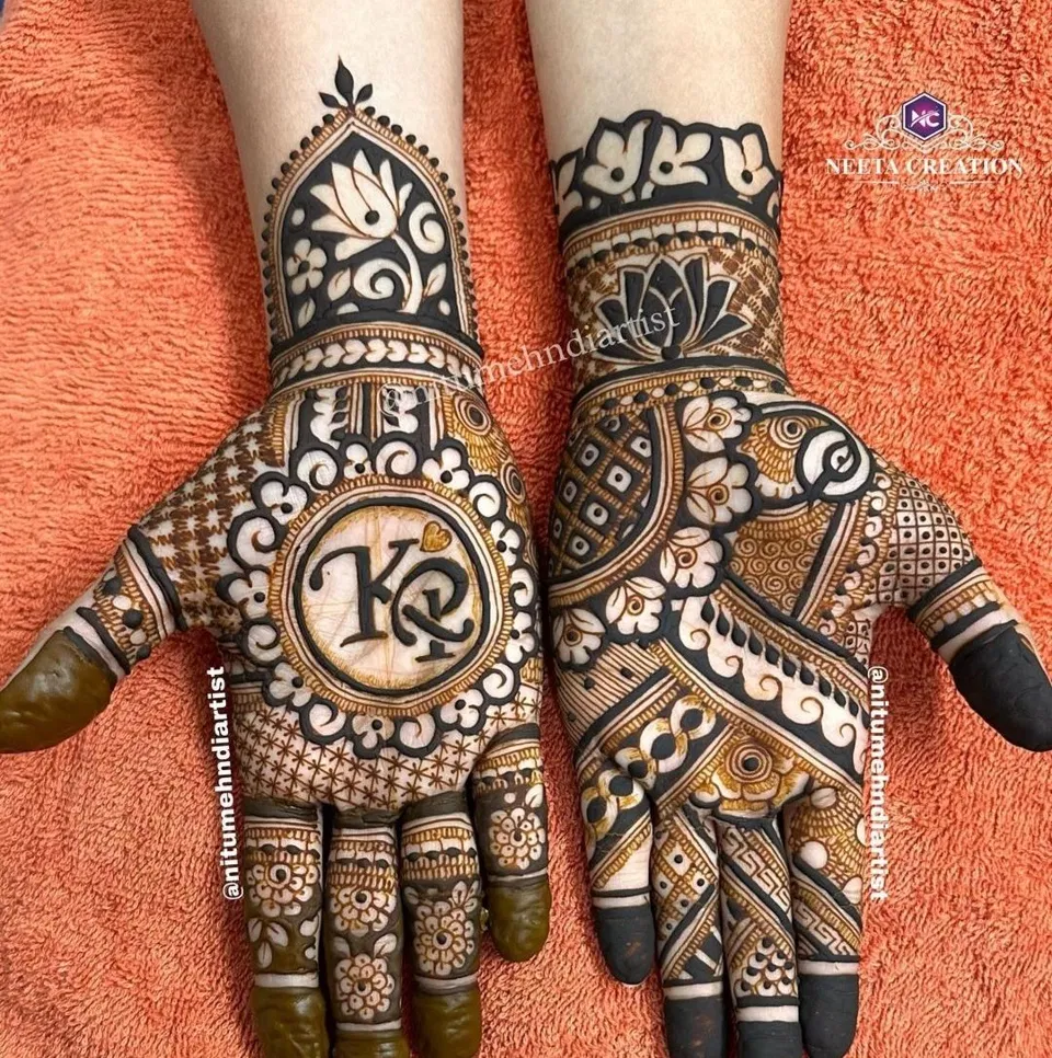 Bridal Stylish Back Hand Mehndi Design with Gol Tikki, Deity and Figures for Engagement (4)
