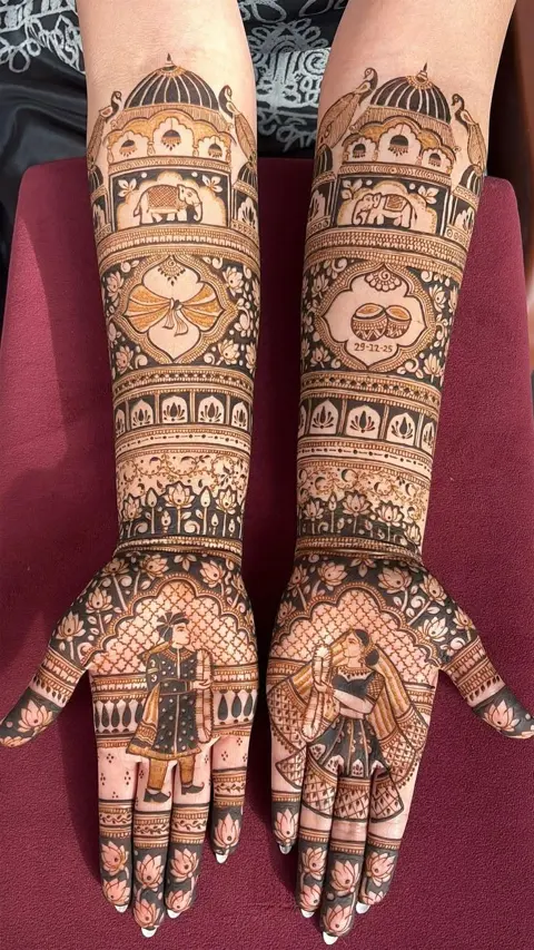 aesthetic bridal figure front hand mehndi design