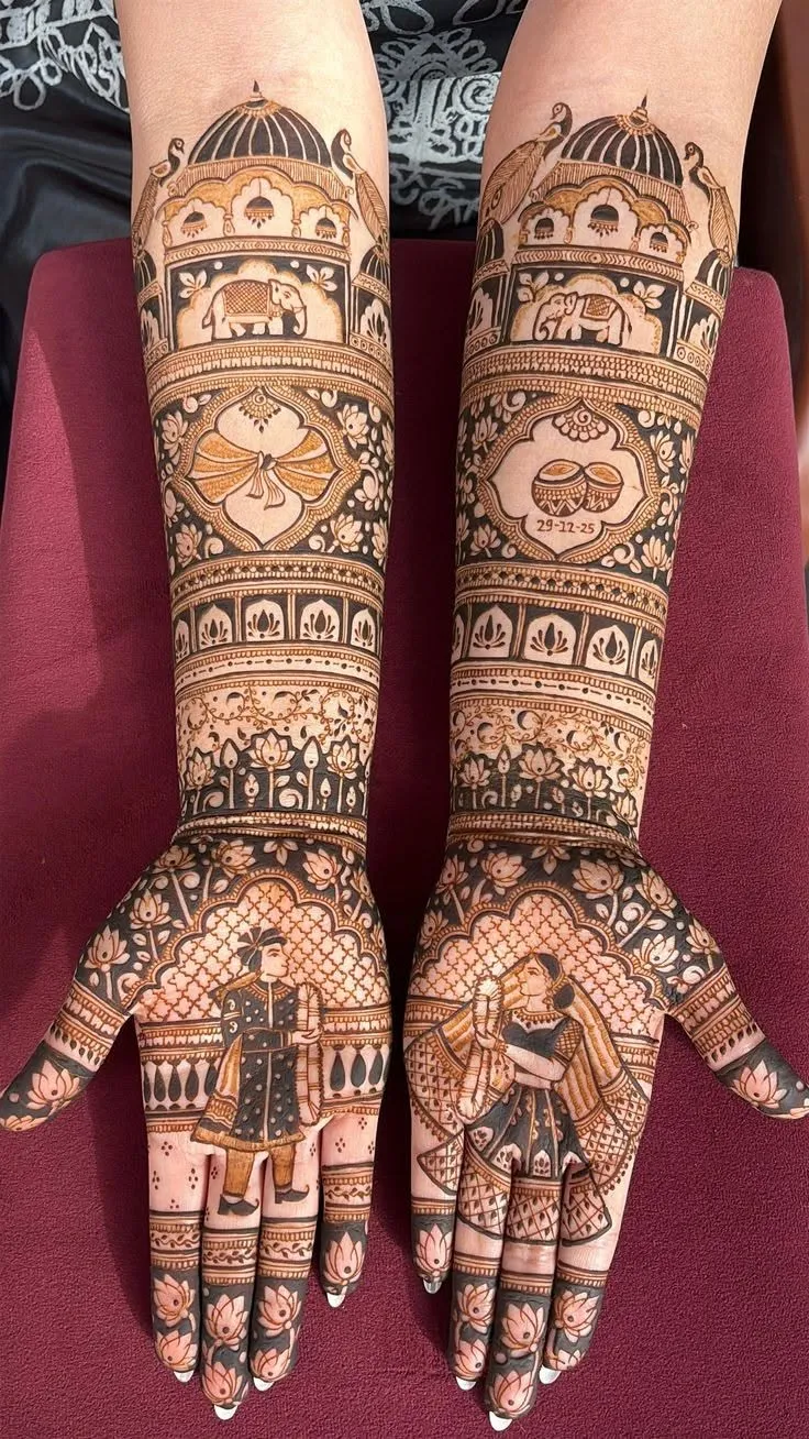 Aesthetic Bridal Front Hand Mehndi Design with Figures for Engagement (5)