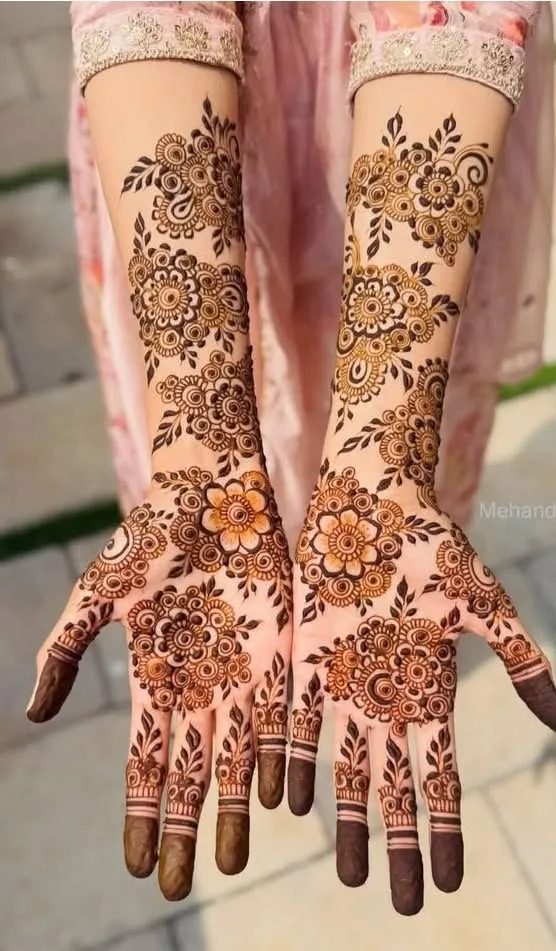 Arabic Bridal Back Hand Mehndi Design with Figures and Flowers