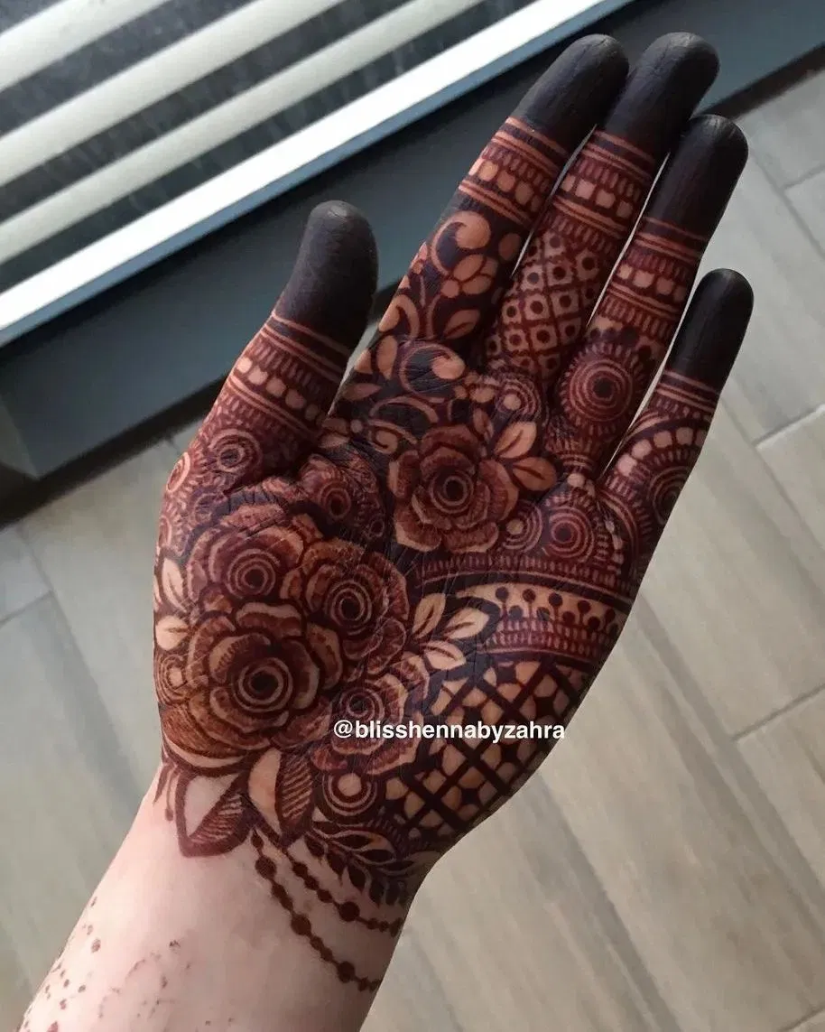 Aesthetic Bridal Front Hand Mehndi Design with Flowers (5)