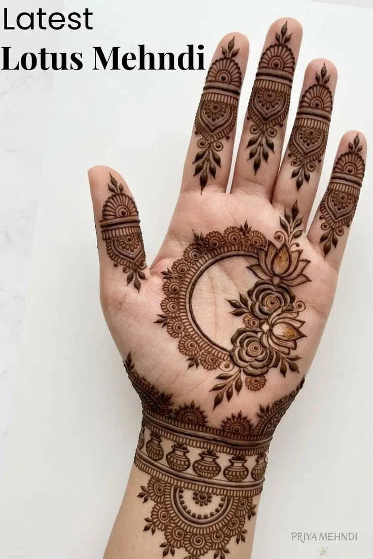 Arabic Bridal Finger Mehndi Design with Gol Tikki and Lotus