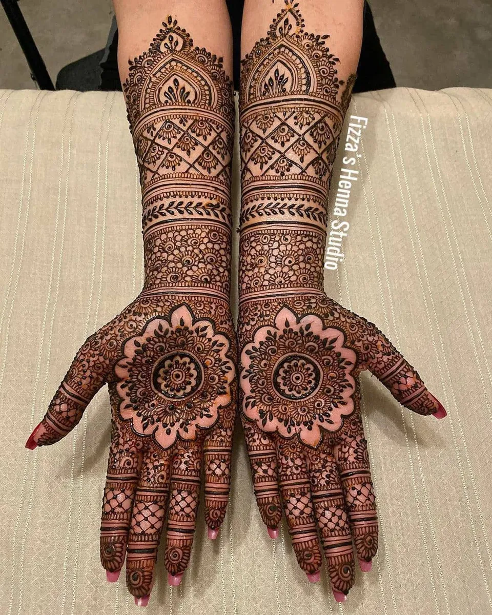 Arabic Bridal Arm Mehndi Design with Gol Tikki and Figures