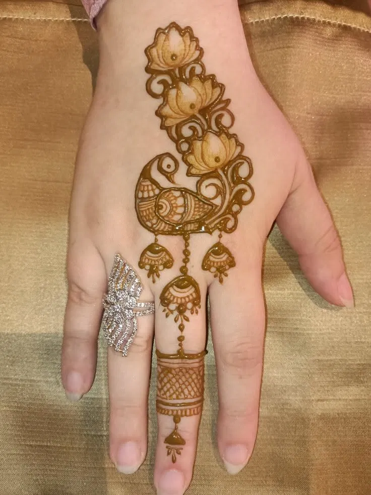 Minimal Simple Back Hand Mehndi Design with Lotus and Peacock