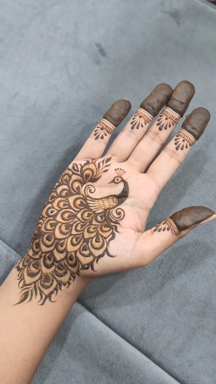 Simple Front Hand Mehndi Design with Peacock (2)