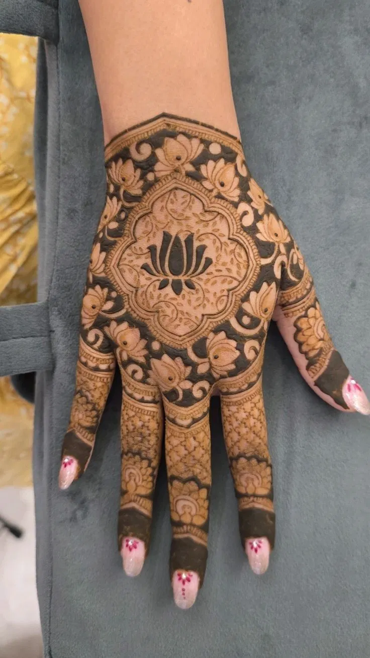 Aesthetic Bridal Back Hand Mehndi Design with Lotus for Diwali