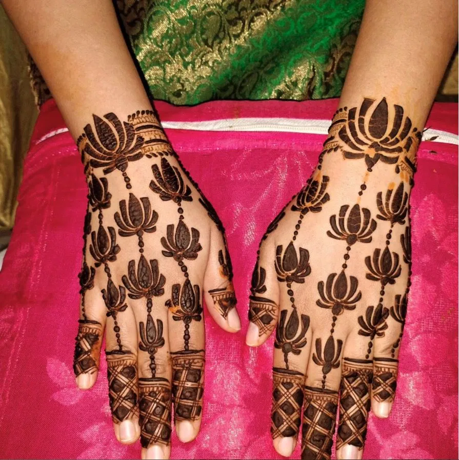 Minimal Simple Back Hand Mehndi Design with Flowers and Lotus