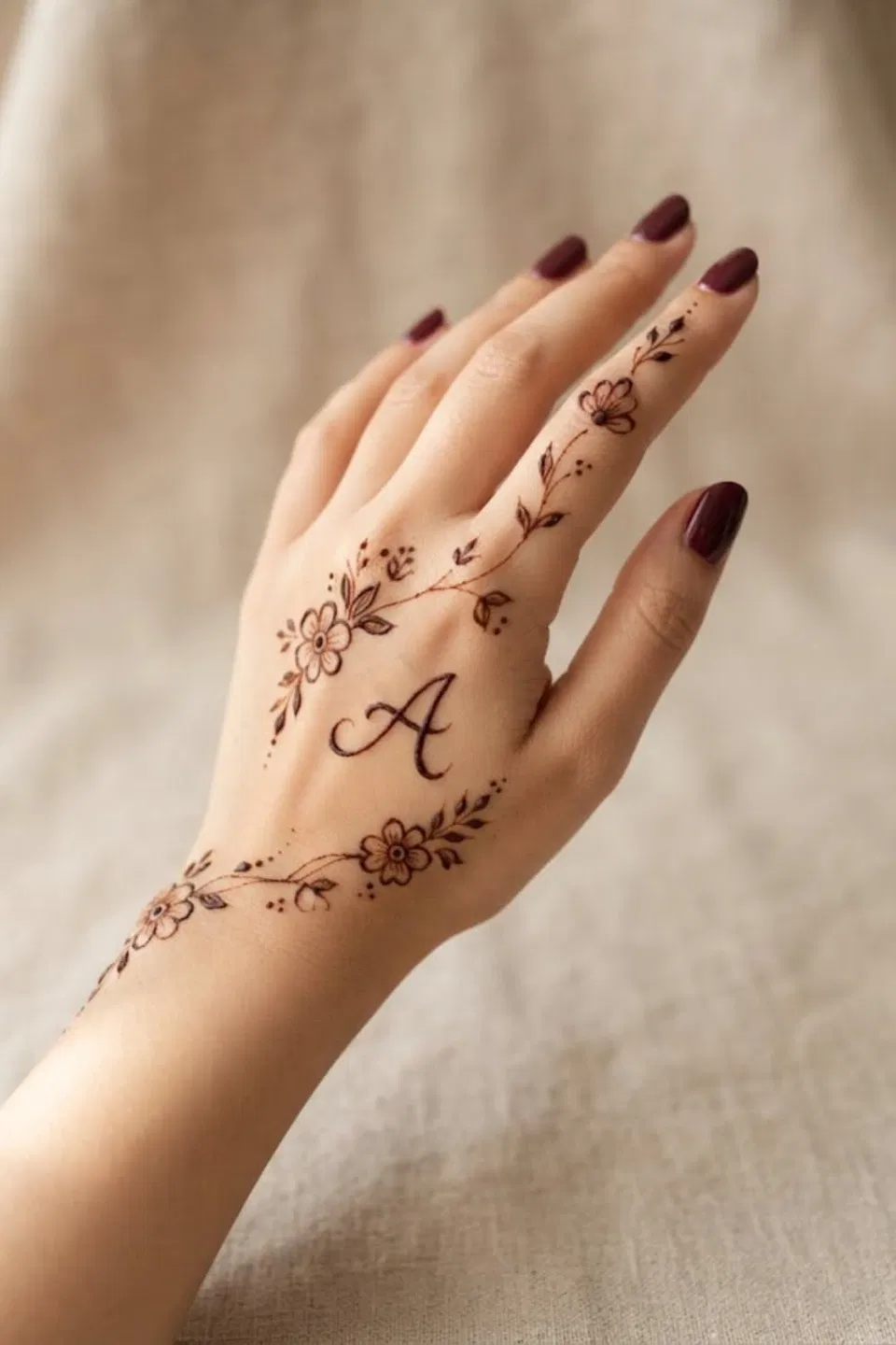 Arabic Simple Back Hand Mehndi Design with Flowers and Hidden Name (2)