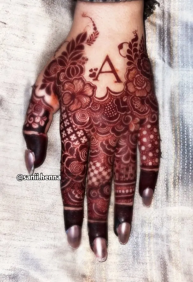 Bridal Stylish Back Hand Mehndi Design with Flowers and Hidden Name