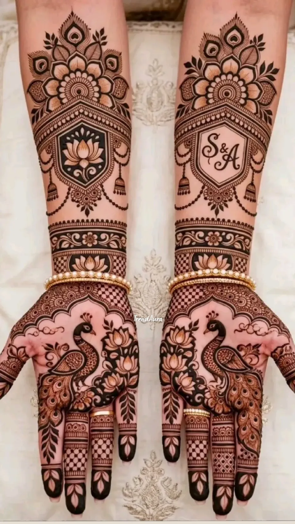 Bridal Simple Front Hand Mehndi Design with Gol Tikki, Figures and Lotus for Engagement