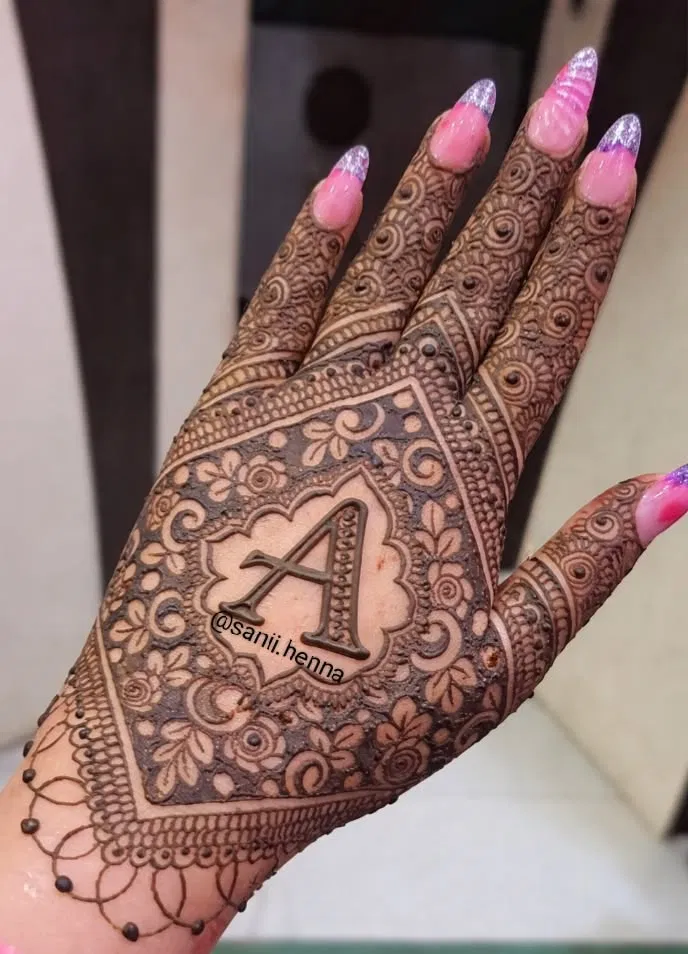 Simple Stylish Back Hand Mehndi Design with Gol Tikki, Figures and Hearts for Eid (2)