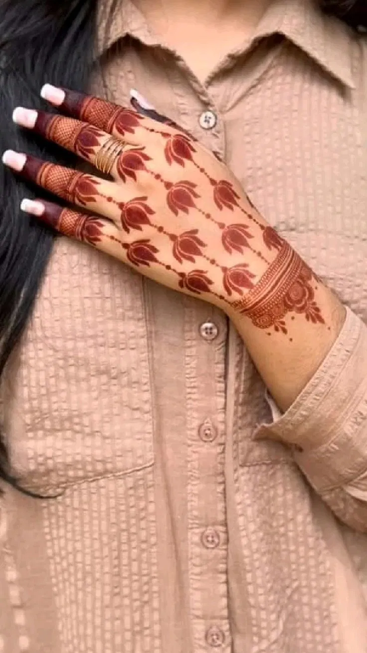 Bridal Simple Back Hand Mehndi Design with Jaal and Lotus for Diwali