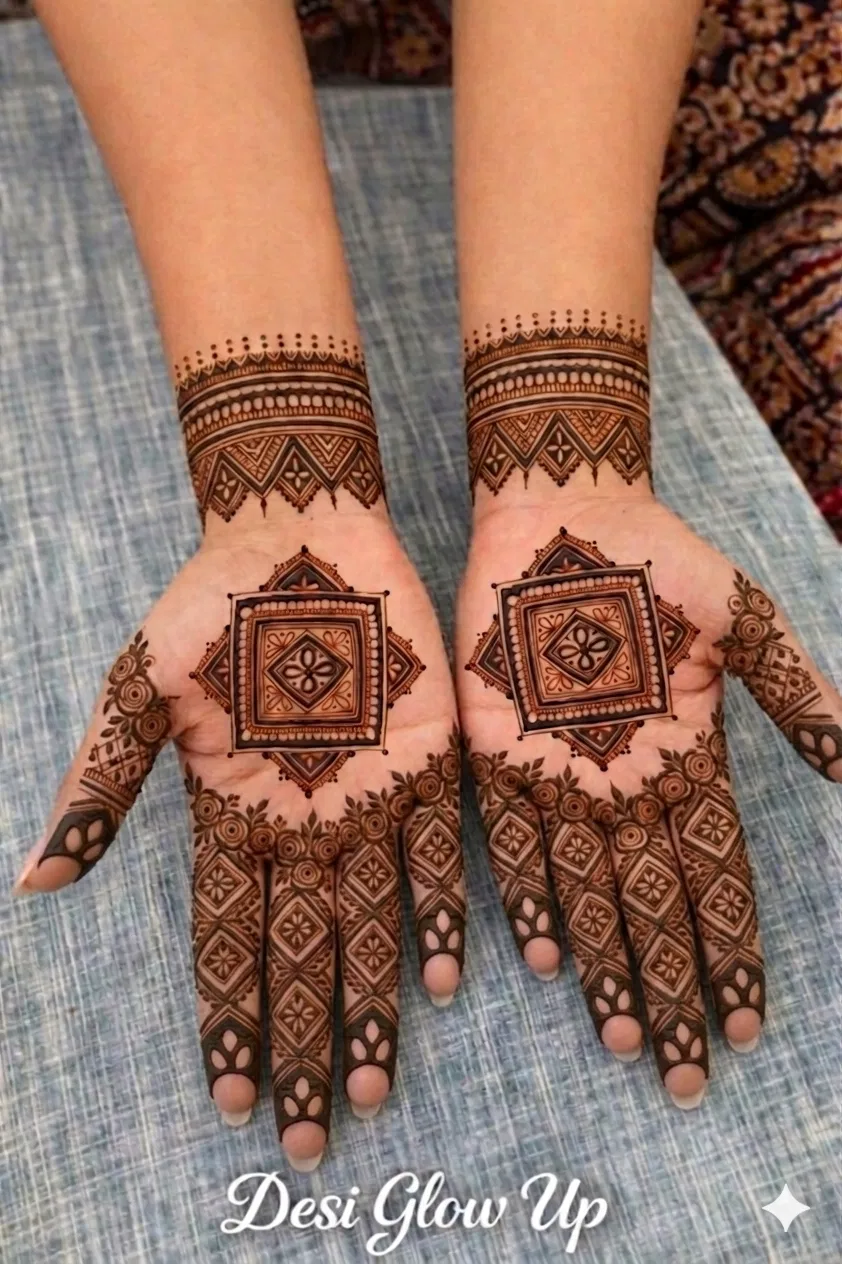 Bridal Front Hand Mehndi Design with Gol Tikki and Lotus for Diwali