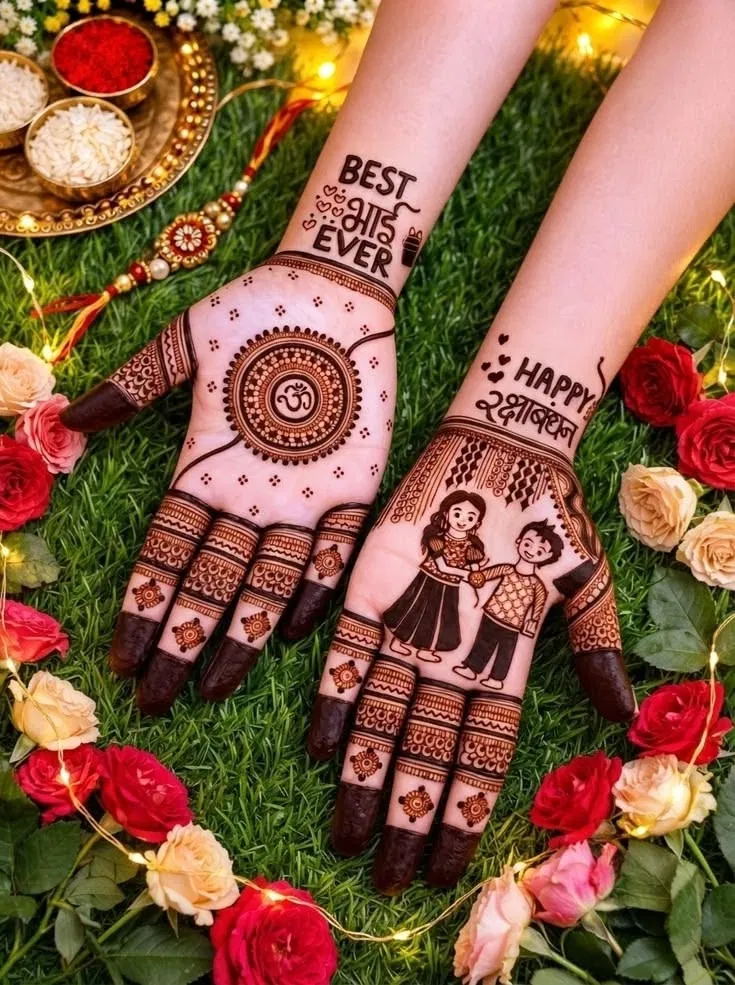 Indian Mehndi Design with Gol Tikki and Figures for Raksha Bandhan