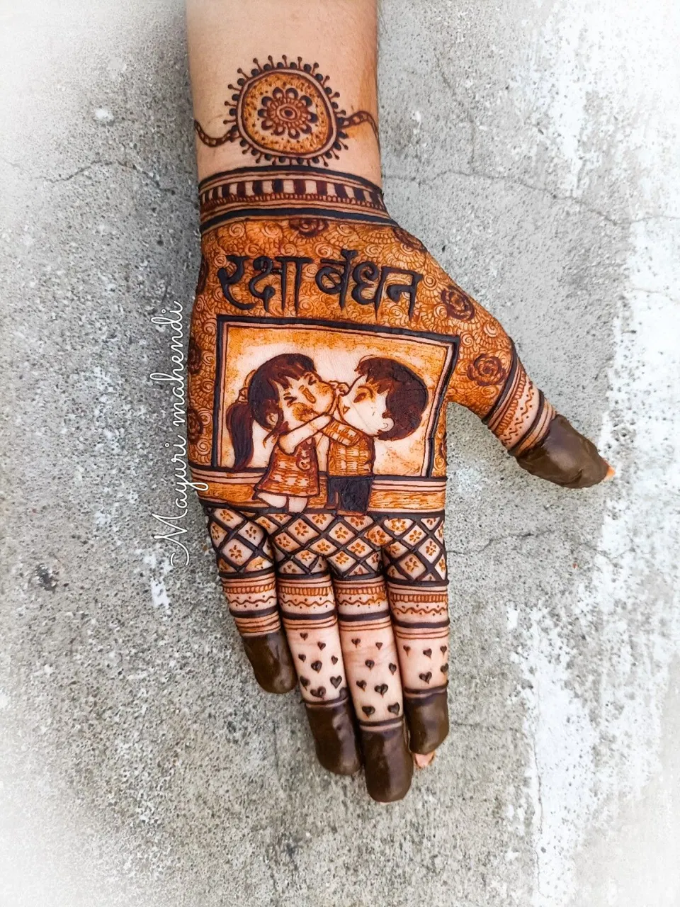 Front Hand Mehndi Design with Figures for Raksha Bandhan