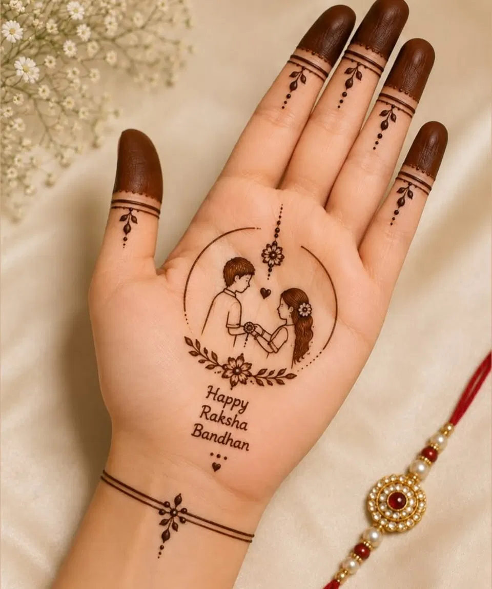 Simple Stylish Front Hand Mehndi Design with Gol Tikki and Figures for Raksha Bandhan