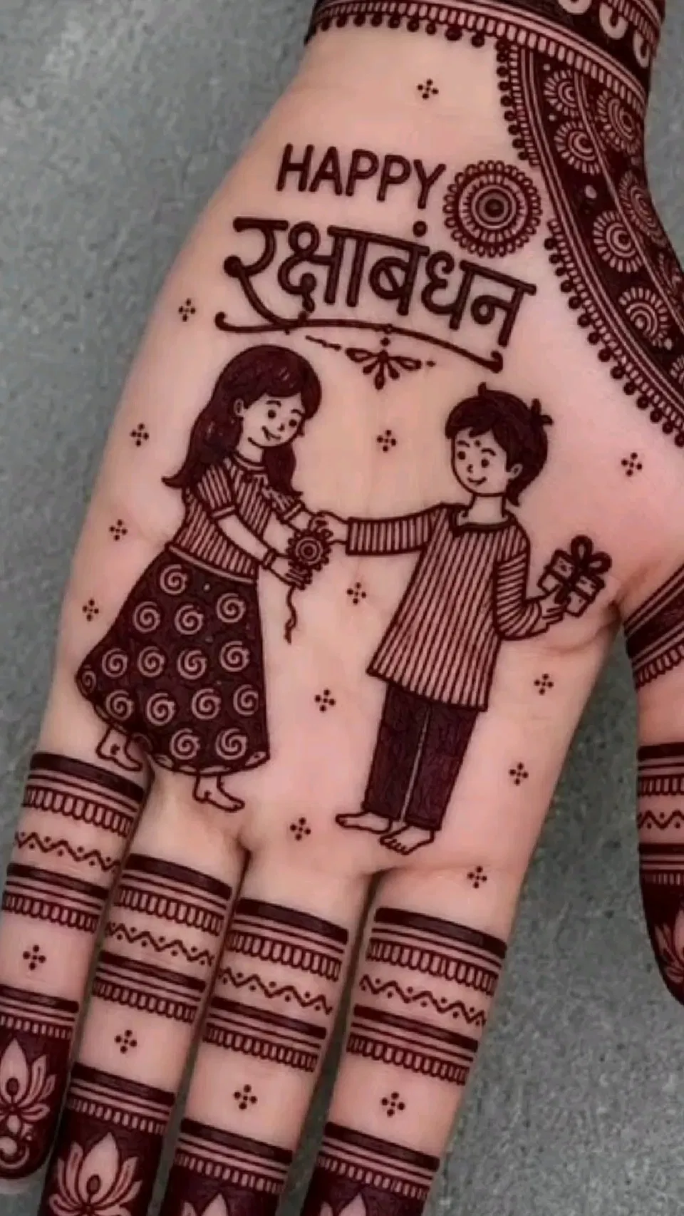 Indian Finger Mehndi Design with Figures and Hearts