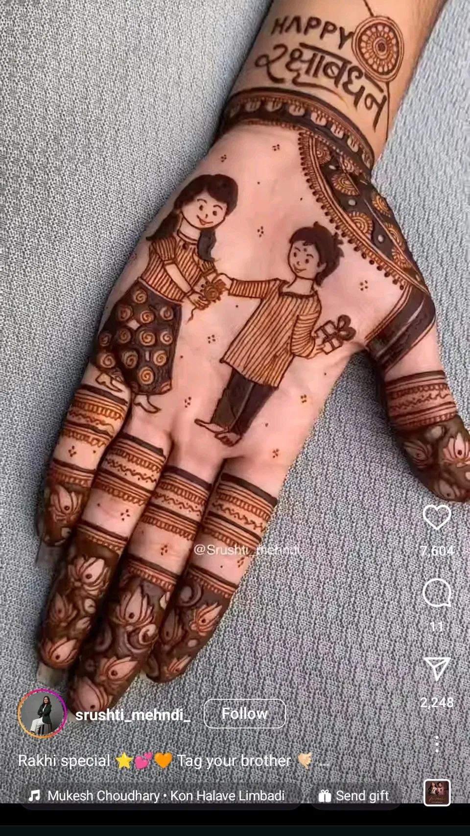 Front Hand Mehndi Design with Figures and Hearts for Raksha Bandhan
