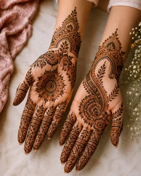 bridal indian flower back hand mehndi design