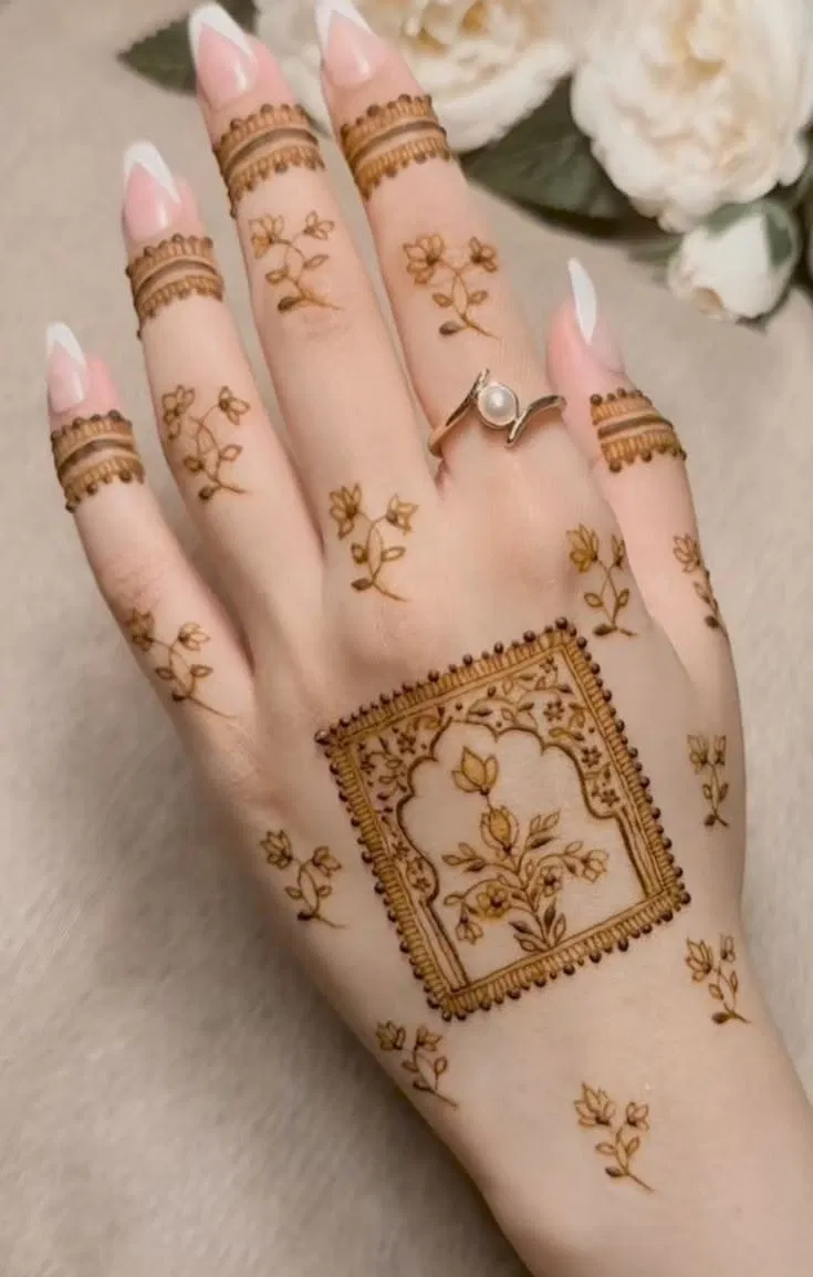 Aesthetic Simple Back Hand Mehndi Design with Gol Tikki and Flowers for Engagement (18)